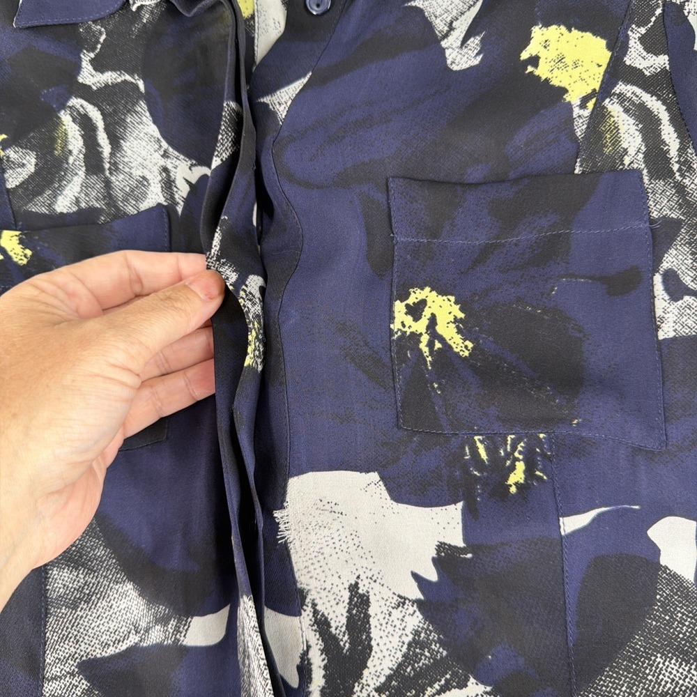 Parker Kelby Navy Yellow Floral Short Sleeve Button Silk Dress Large Fit Flare - Picture 4 of 9